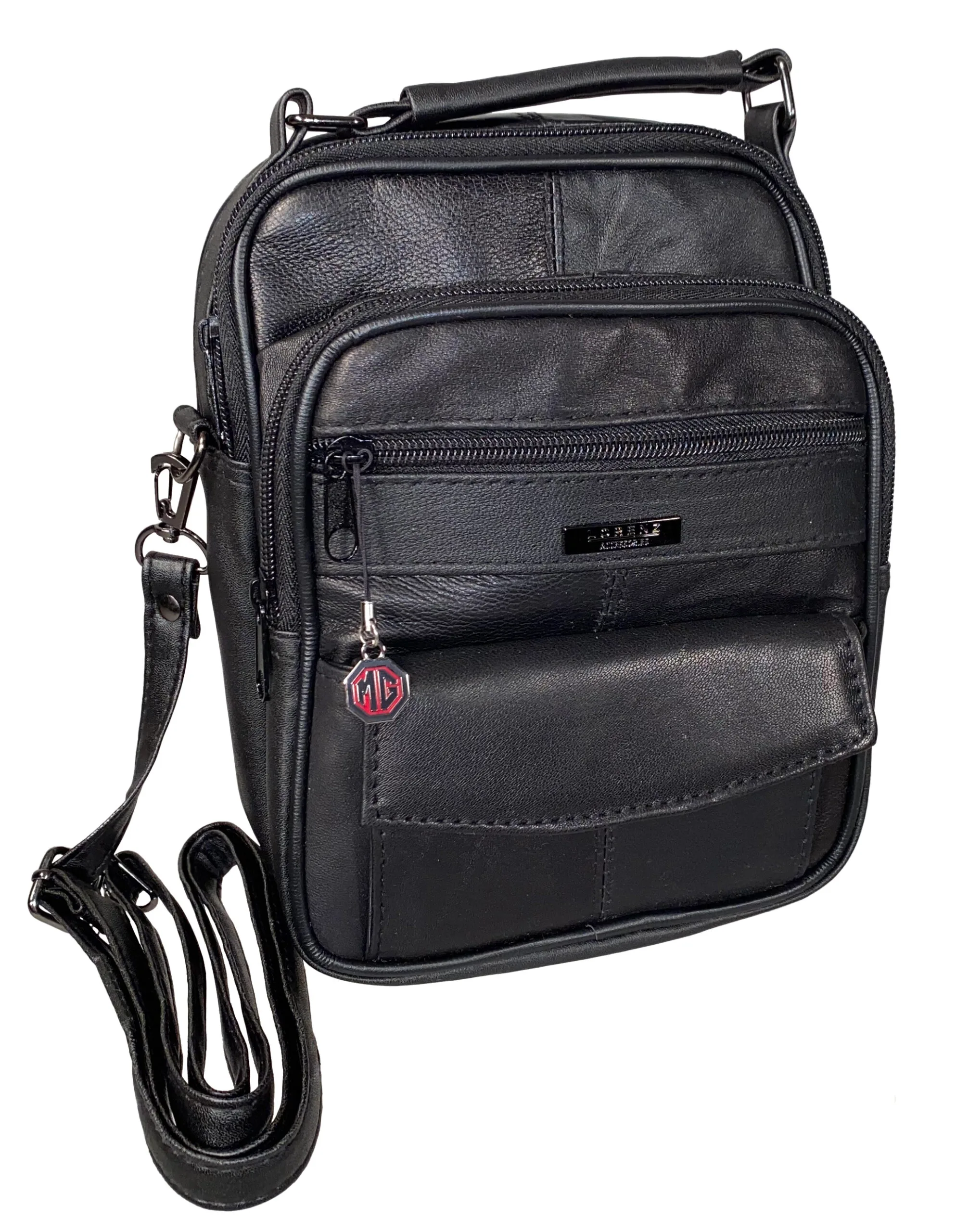 5691 - LEATHER MULTI ZIP BAG - BLACK